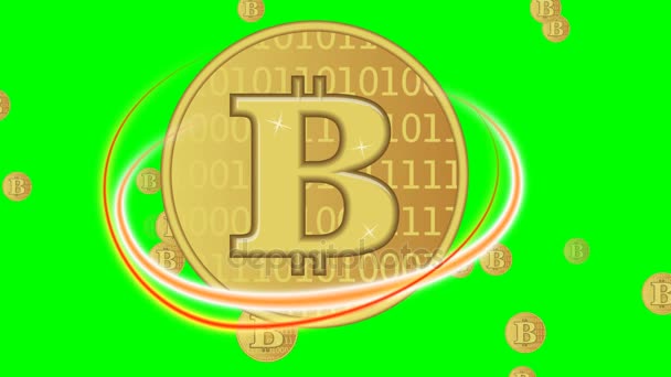 Bitcoin анімації, Золотий cryptocurrency монета символ, вогненно еліпсів навколо монету, політ інший монети на фоні, кадри на зелений екран — стокове відео