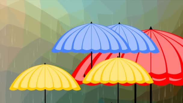 Vliegende veelkleurige parasols op veelhoekige achtergrond in regen, weerbericht intro, — Stockvideo