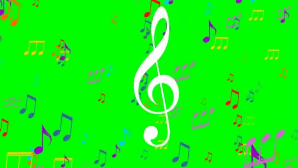 Animación musical coloreada en pantalla verde. Flying notas de música de colores, blanco símbolo de la clave agudos flota en el primer plano — Vídeos de Stock