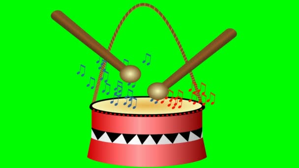 Drum animasi dengan tongkat dan musik notes.Cute drum merah kecil di layar hijau. Intro musik, intro berita . — Stok Video