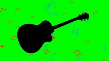 Siyah gitar siluet ve renkli nota müzik aleti arka planda uçan. Yeşil ekran animasyon