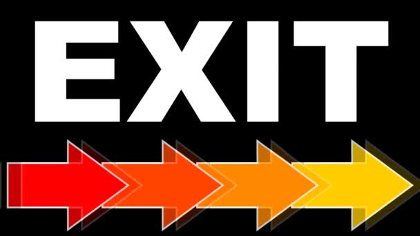 Exit - bílé titul pomocí šipek v ohnivé barvy, červená, oranžová, žlutá. Šipky do doprava. Animovaný navigace na černém pozadí. — Stock video