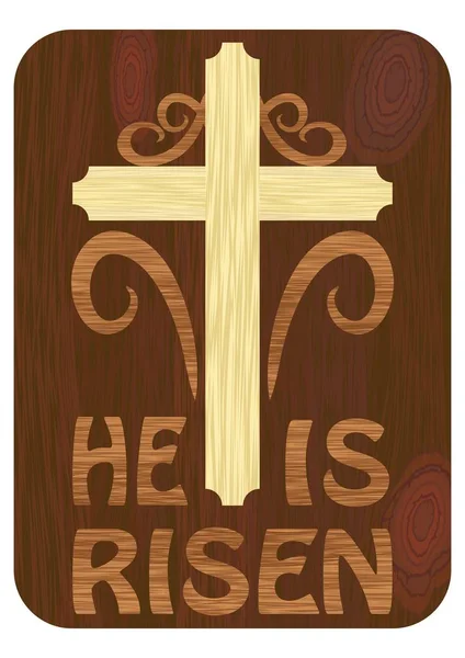 Woodart inlay with He is risen inscription. Christmas easter theme with simple cross in minimalist wooden design — Stock Vector