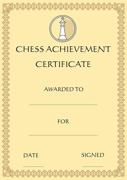 Chess prestation certifikat, mall på gamla designade beige papper, emblem med chess king bit i cirkel, filigran mönstrade disposition ram Stockvektor