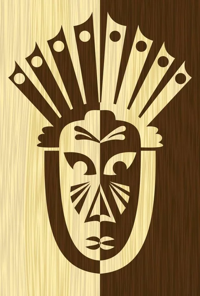 Azulejo de incrustaciones de arte de madera con máscara facial tallada inversa, motivo africano tribal, madera clara y oscura — Archivo Imágenes Vectoriales