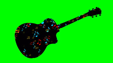 Siyah gitar siluet ve renkli nota müzik aleti şeklin içinde uçan. Yeşil ekran animasyon
