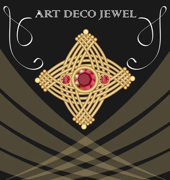 Broche art deco dorado con tres gemas de rubí rojo, joya única sobre fondo negro — Vector de stock