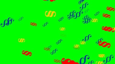 Paragraflar yeşil ekran üzerinde uçan. Kırmızı, mavi ve sarı dönen içinde çok renkli paragraflar.