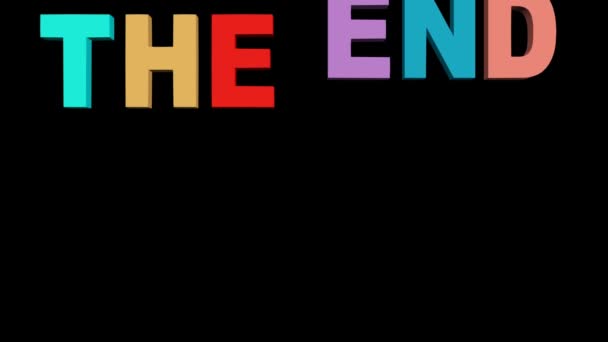 Multicolor La inscripción final sobre fondo negro. Cartas cayendo desde arriba, explotando en fragmentos multicolores. Animación para el final de la película o programa de televisión — Vídeos de Stock