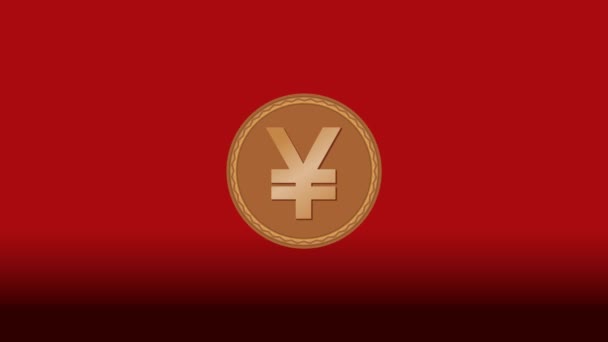 Moeda japonesa yen smybole apresentado em ouro goin, animação com zoom, rotação e espelhamento, objeto isolado no fundo vermelho escuro — Vídeo de Stock