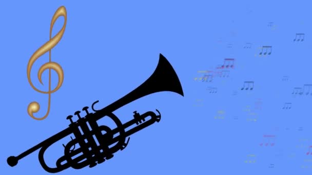 Rohr und goldener Violinschlüssel. farbenfrohe bewegende Musiknoten. Animation einer Trompete auf blauem Hintergrund. schwarze Röhrensilhouette, schwingender Notenschlüssel — Stockvideo