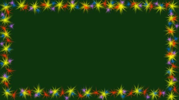 Geanimeerde video frame met kleine veelkleurige roterende sterren op grens. Bloempjes op donkere groene achtergrond, copry ruimte, thema lente — Stockvideo