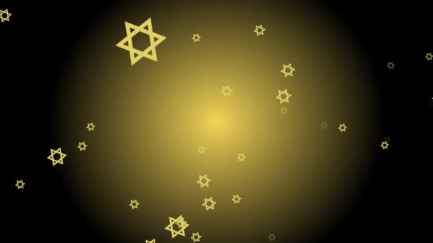 David estrela símbolo voando espaço calha, fundo preto com brilho embaçado, vídeo 4k com tema judaico — Vídeo de Stock
