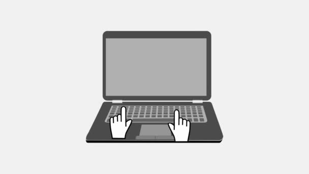 Баннер вебинара с серым увеличением ноутбука, две курсорные руки движутся на клавиатуре и сенсорном экране, рука нажимает кнопку соединения — стоковое видео