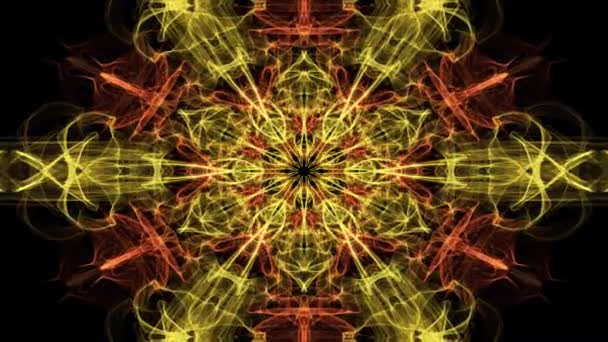 Mandala fractal vermelha e laranja viva, túnel de vídeo sobre fundo preto. Padrões simétricos animados para treinamento espiritual e de meditação . — Vídeo de Stock