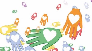 Kalpler, sevgi ve barış sembolü olarak çok renkli el ile uçan avuç içi