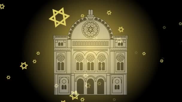 Силуэт синагоги появляется на черном фоне в светящейся области, летающие звезды Давида. Видеоанимация с еврейской праздничной темой, ханнука, ямим нораим, йом кипур, Астанахашанна — стоковое видео