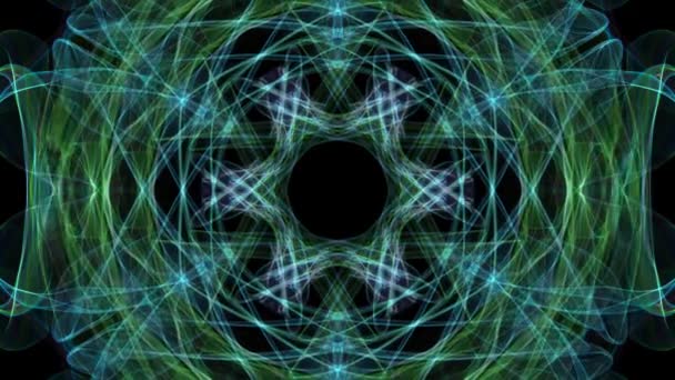 Live grüne und blaue fraktale beruhigende Mandala, Videotunnel auf schwarzem Hintergrund. animierte symmetrische Muster für spirituelles und Meditationstraining. — Stockvideo