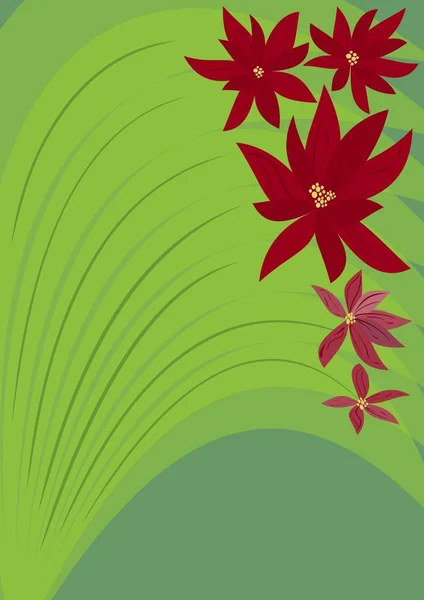 Groene achtergrond met rode fantasie bloemen. Sjabloon voor tuinieren-folder. — Stockvector