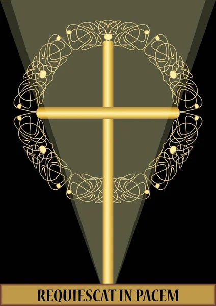 Decoração funereal de luxo clássico com crucifixo dourado com decoração floral dourada e elementos swirly em fundo preto, decoração de enterro em estilo vitoriano — Vetor de Stock