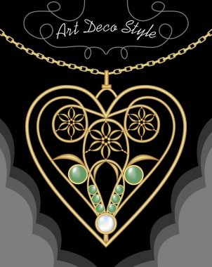 Altın art deco Telkari kolye, kolye çiçek ve üzerinde yeşil taşlar ile kalp şeklinde ince altın zincir, antika altın mücevher, Victoria tarzı, sıradışı altın takı moda