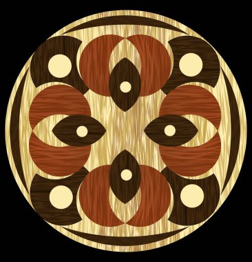 Ahşap kakma, açık ve koyu ahşap desenleri daire kompozisyon. Kaplama antika geometrik süsleme dokulu. Ahşap sanat dekorasyon şablonu.