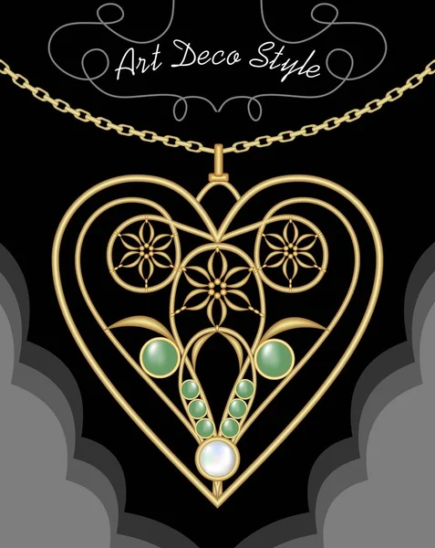 金色装饰细丝项链, 在心形挂饰与鲜花和绿色宝石上的黄金链, 古董金宝石, 时尚维多利亚风格, 不寻常的金色首饰 — 图库矢量图片