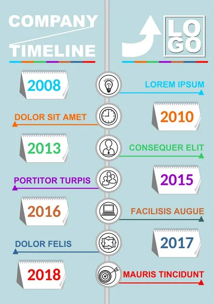 Infographic időskála sablon, absztrakt vektor hét naptári elemek, ikonok és másol hely, többszínű objektumot világoskék háttér, cég idővonal — Stock Vector