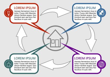Infographic işlem görselleştirme şablonu, belirtme çizgisi elemanları, simgeler ve kopya alanı, dört renkli öğeleri ile soyut vektör