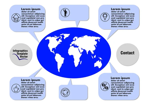 Plantilla vectorial de infografía azul oscuro con elementos geográficos, mapa del mundo, llamadas, iconos, espacio de copia, fondo blanco — Archivo Imágenes Vectoriales