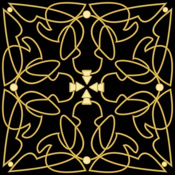 Patrones dorados con efecto 3d sobre fondo negro. Azulejo decorativo de lujo con adorno vintage. Curvas rizadas construcción de decoración simétrica — Vector de stock