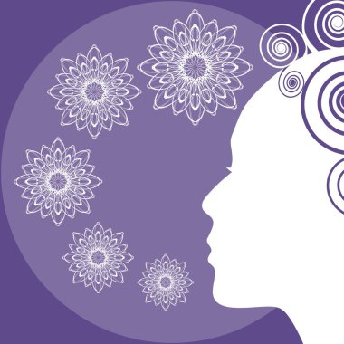 Bayan yüz siluet, trendy mor ile ultraviyole arka plan beyaz, zarif şablon, kadın profili ile çiçek dantel, davet, duyuru, el ilanı, ürün etiketi için şablon ile birlikte