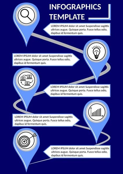 Plantilla de línea de tiempo de infografía elegante, vector abstracto con cinco elementos de flecha, iconos y espacio de copia, fondo azul oscuro — Archivo Imágenes Vectoriales