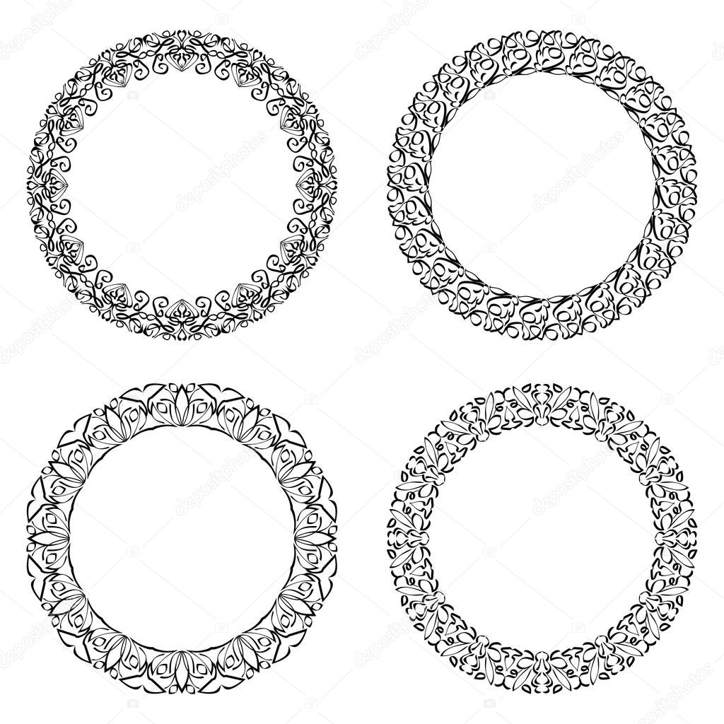 Filigree round frame, calligraphic circle lace patterns in monochrome design. Embroidery template. Delicate fine geometric patterns.