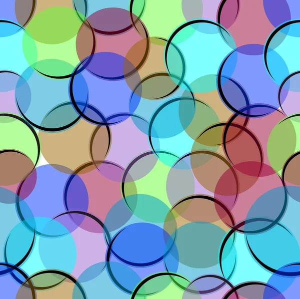 Разноцветный разноцветный бесшовный фон с полупрозрачными кругами, пузырьки с черным выделением, текстильные узоры, ткань современного орнамента — стоковый вектор
