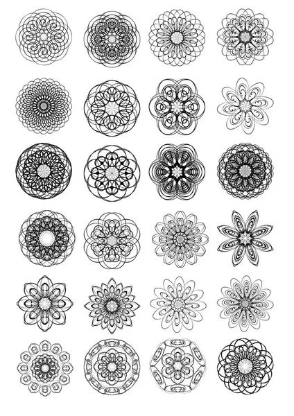 Mega sæt af vintage cirkel ornamentale mønstre sammensat af spiral former. Monolindesign på hvid baggrund. Orientalske designelementer – Stock-vektor