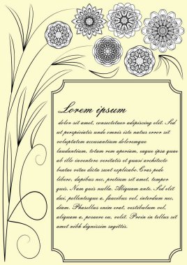 Bej düşük kontrast şablon, davet, duyuru, el ilanı, afiş, broşür monoline siyah dantel modelleri vintage tarzı, zarif metin çerçevesi ile