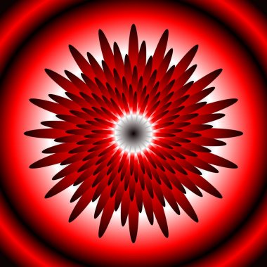Parlayan fantastik çekici çiçek, tasarım öğesi optik sanat tarzı, kırmızı, beyaz, siyah, 3d efekti