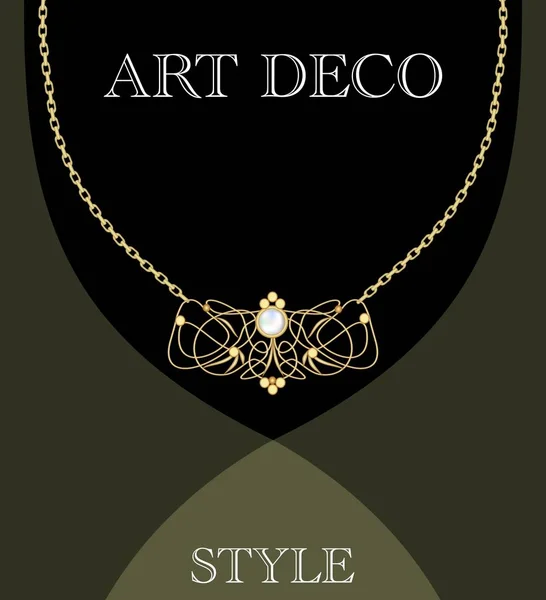 Art-déco-Juwel. Vintage-Goldkette im viktorianischen Stil. Retro filigraner antiquarischer Schmuck. uraltes Vektorobjekt. Anhänger Perle auf goldener Kette. — Stockvektor