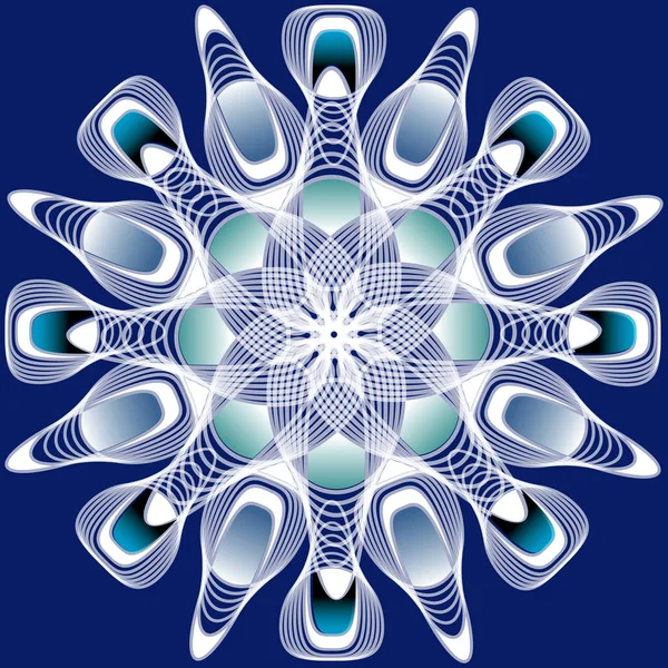 Forma de mandala abstrata em design guillloche, linhas brancas em fundo azul escuro, forma abstrata simétrica — Vetor de Stock