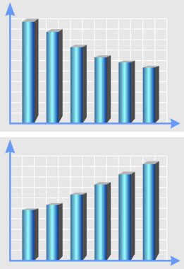 Açıklayıcı grafik, metalik mavi 3d sütunlarla ve yükselen eğilim eğrisi, artan ve azalan grafikler Infographic öğe şablonu