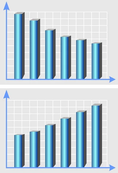 Grafico illustrativo, modello con colonne 3d blu metallizzato e curva di tendenza crescente, elemento infografico, grafici ascendenti e discendenti — Vettoriale Stock