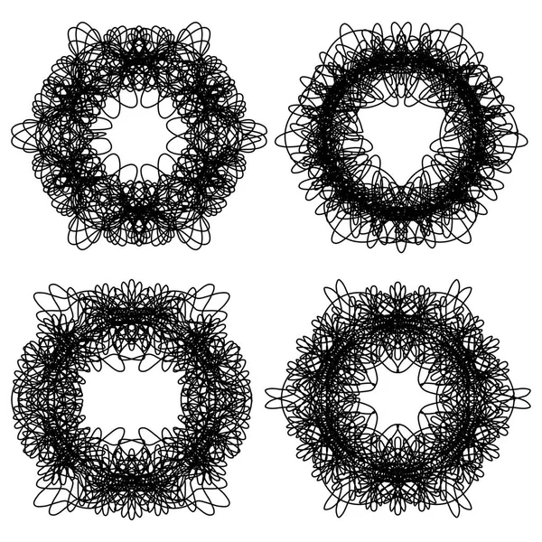 Éléments de design guilloché monochrome, ensemble de quatre motifs isolés, ligne noire sur fond blanc — Image vectorielle