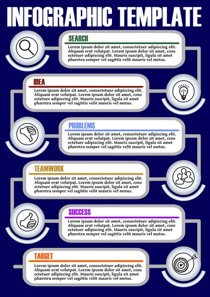 Plantilla de visualización del proceso infográfico, vector abstracto con iconos diseñados de metal, espacio de copia, seis elementos multicolores disponibles en fondo azul oscuro — Archivo Imágenes Vectoriales