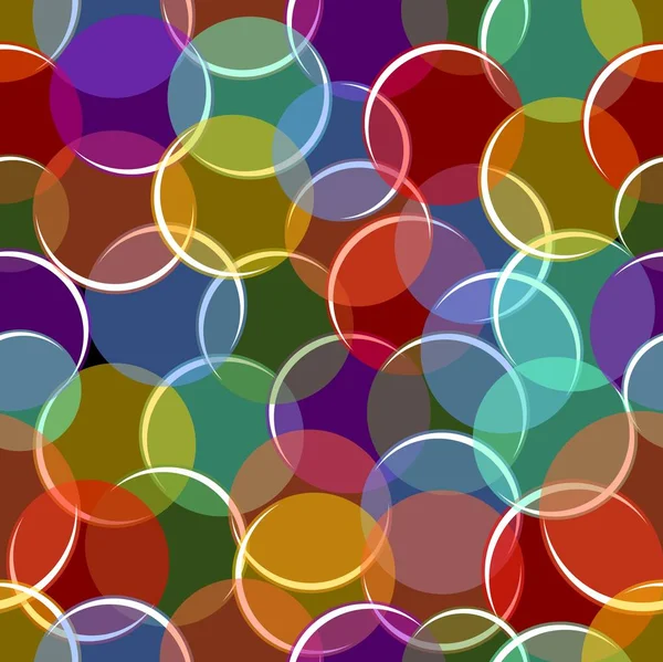 Colorato sfondo variegato senza cuciture con cerchi semitrasparenti, bolle con riflessi bianchi, motivi tessili, ornamento moderno in tessuto — Vettoriale Stock