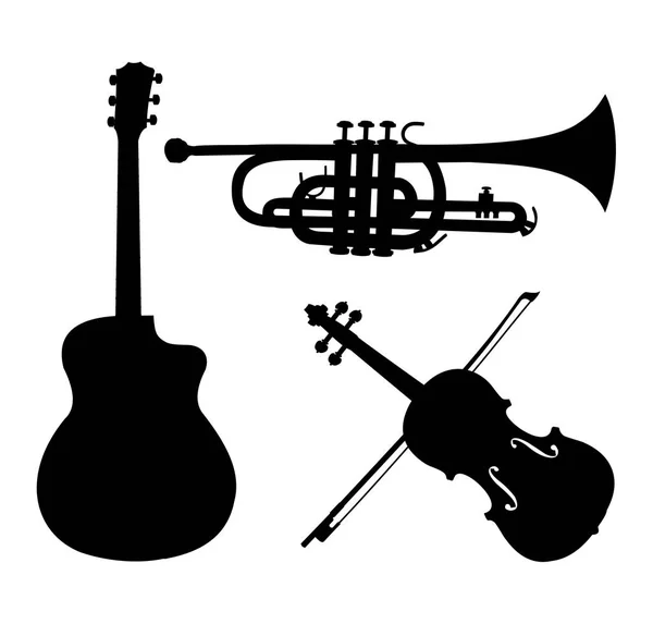 Музичні інструменти силуети, гітара, труба і скрипка. Чорні силуети на білому тлі. Елементи дизайну для музичних флаєрів, листівок, концертної програми , — стоковий вектор