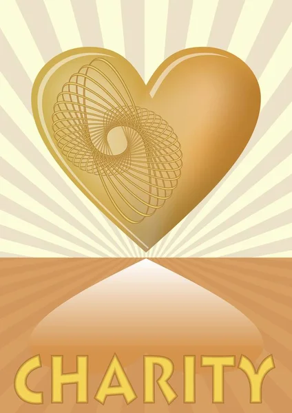 Folleto de caridad con corazón dorado sobre fondo con rayos dorados — Vector de stock