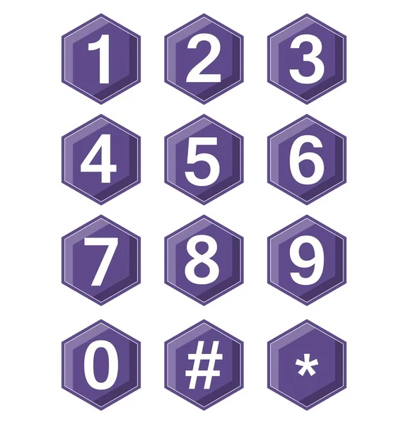 Artistic number set on ultraviolet hexagonal buttons. Hash tag and star symbole included. Buttons with 3d effect. — Stock Vector