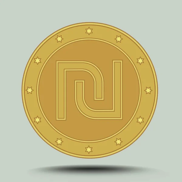 Valuta van de Israëlische sjekel, reliëf symbool in cirkel goud metallic munt vorm geïsoleerd op grijze achtergrond met schaduw — Stockvector
