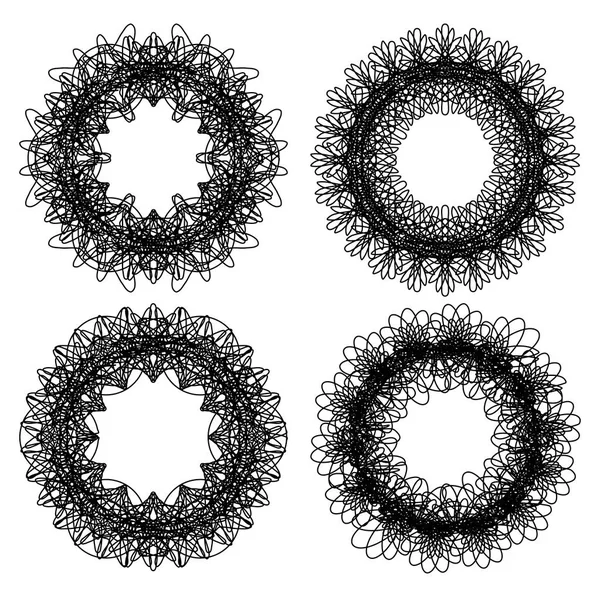 Éléments de design guilloché monochrome, ensemble de quatre motifs de dentelle isolés, ligne noire sur fond blanc — Image vectorielle